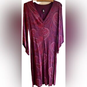 Purple paisley midi dress with bell sleeves